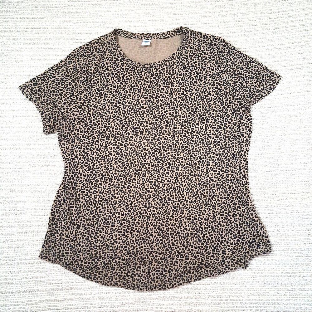 Old Navy Luxe Womens L Large brown Leopard Animal Print Short Sleeve Shirt